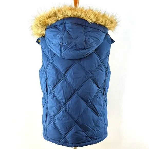 Lands' End Blue Quilted Goose Down Fill Vest with Faux Fur Hood