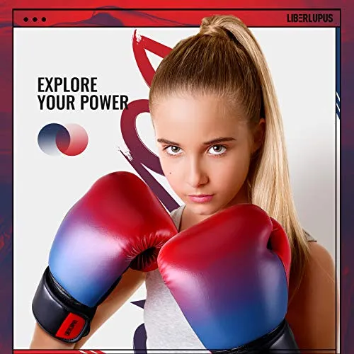 Liberlupus Youth Boxing Gloves for 10-18, Teens Boxing Gloves with Gradients, 2 Sizes, Teenagers Junior Kids Boxing Gloves for Punching Bag, Kickboxing, Muay Thai, MMA (Red Blue, 8 oz)