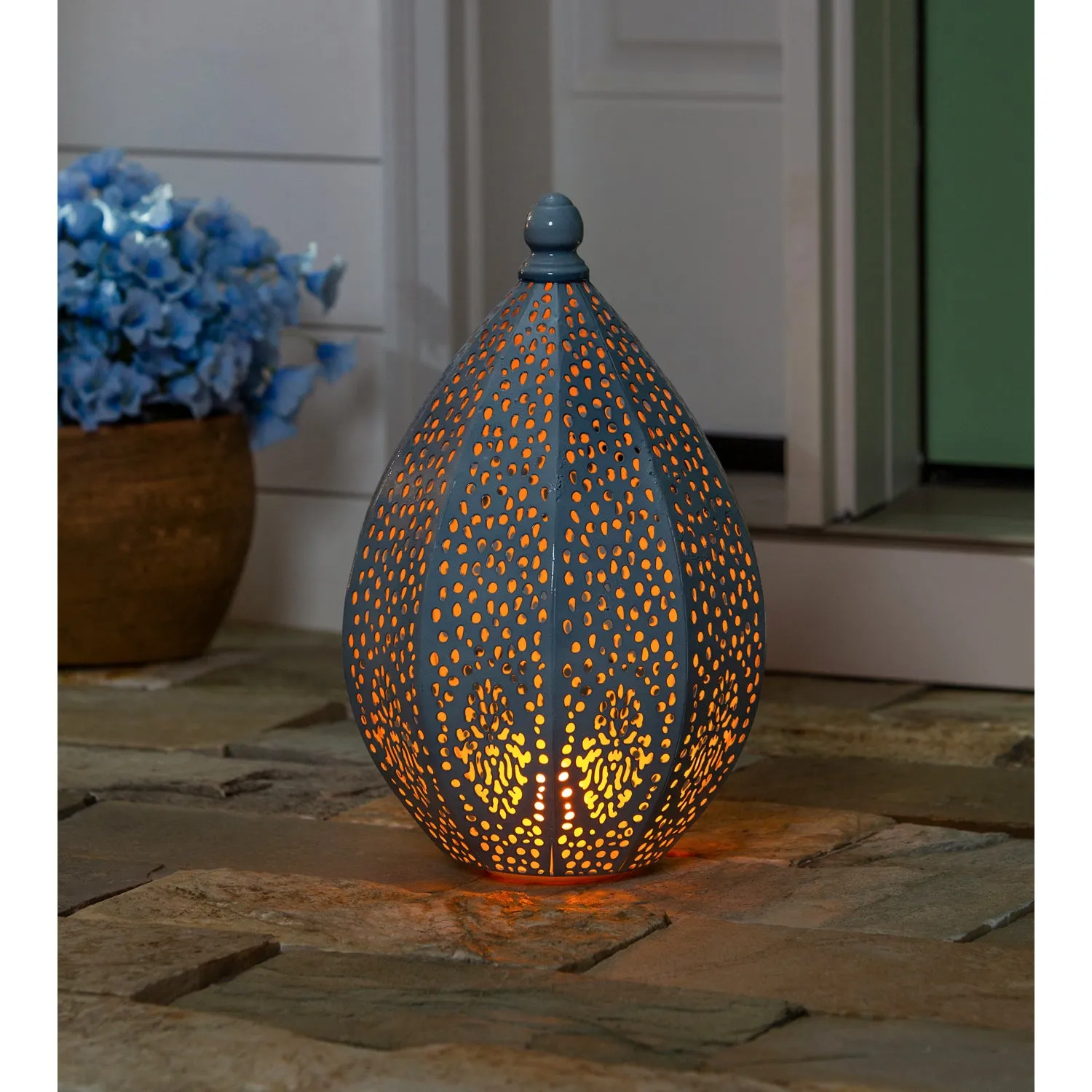 Light Blue Fire Flame Battery Operated Moroccan Die Cut Lantern, Large,2la1938