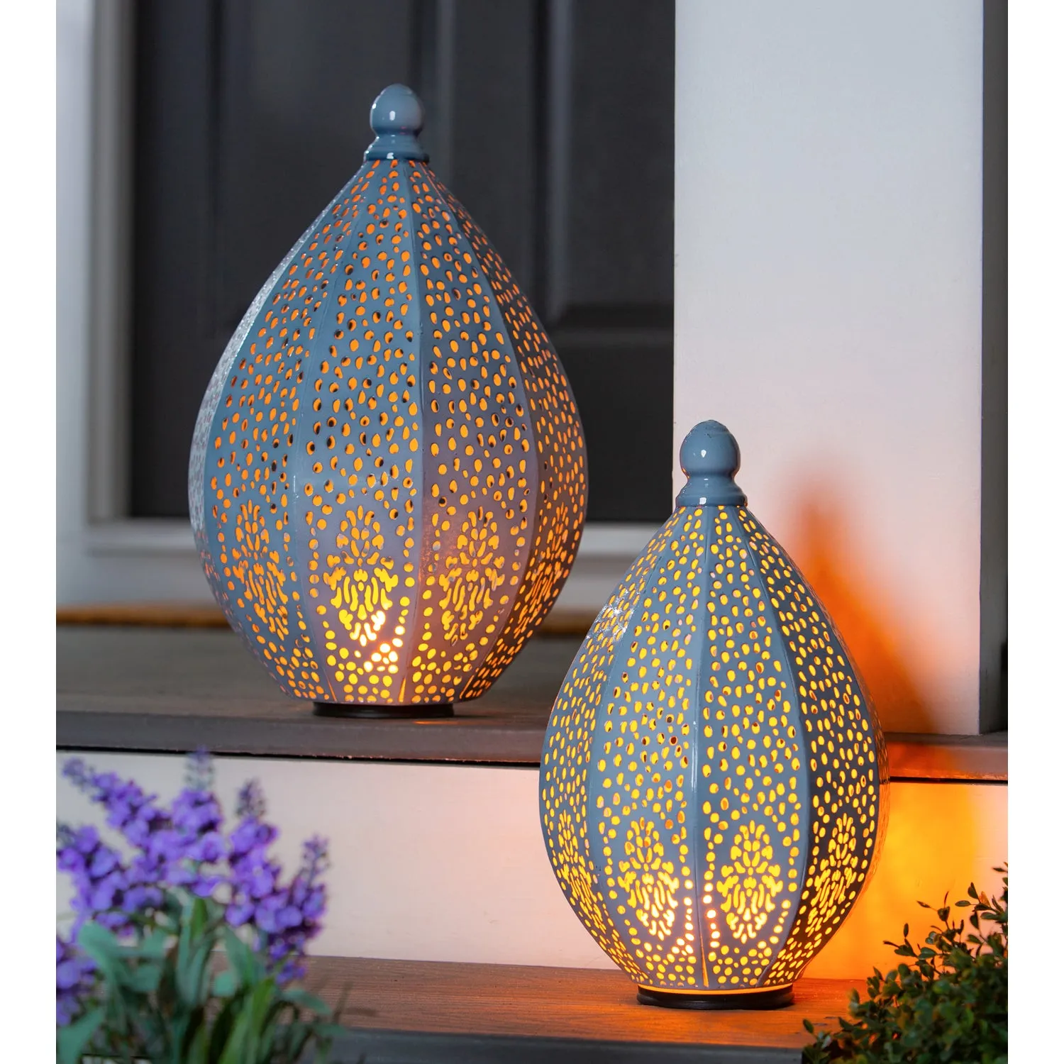 Light Blue Fire Flame Battery Operated Moroccan Die Cut Lantern, Small,2la1939