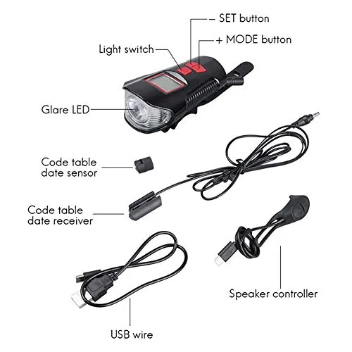 Lista USB Rechargeable LED Bicycle Front Light, Bike Speedometer Odometer, Bicycle Horn Loud, 3 in 1 Bike Headlight with LCD Display Mountain Bike Cycling Accessories