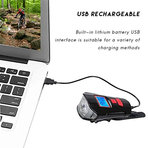 Lista USB Rechargeable LED Bicycle Front Light, Bike Speedometer Odometer, Bicycle Horn Loud, 3 in 1 Bike Headlight with LCD Display Mountain Bike Cycling Accessories
