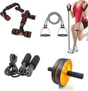 LIVOX Double Toning Resistance Tube, Push up Bar and Double Wheel Ab Roller with Skipping Rope