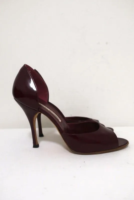Manolo Blahnik d'Orsay Open Toe Pumps Burgundy Patent Leather Size 38