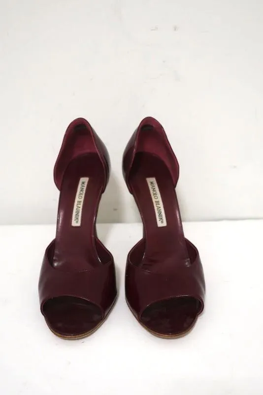 Manolo Blahnik d'Orsay Open Toe Pumps Burgundy Patent Leather Size 38