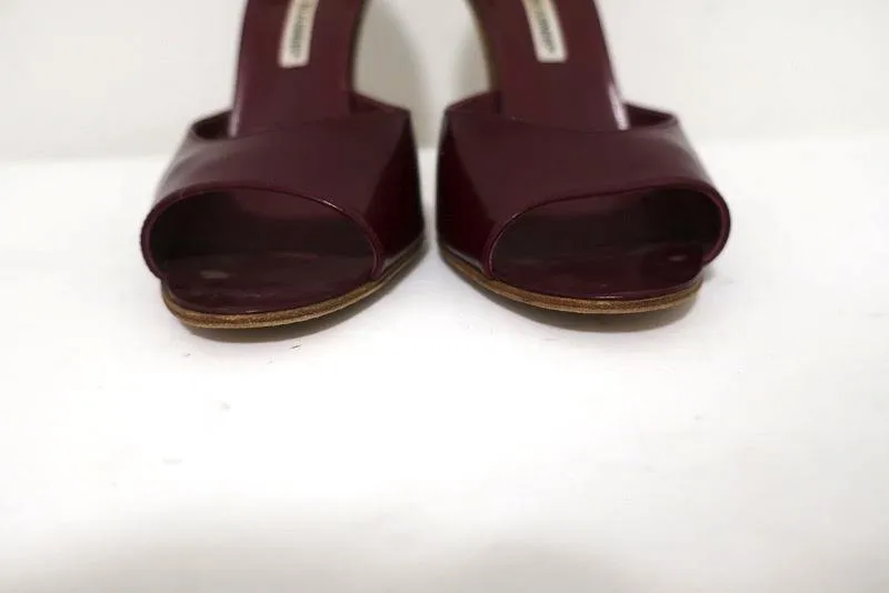 Manolo Blahnik d'Orsay Open Toe Pumps Burgundy Patent Leather Size 38