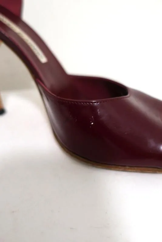 Manolo Blahnik d'Orsay Open Toe Pumps Burgundy Patent Leather Size 38