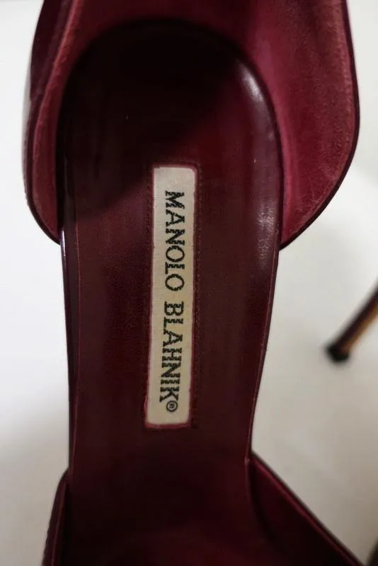 Manolo Blahnik d'Orsay Open Toe Pumps Burgundy Patent Leather Size 38