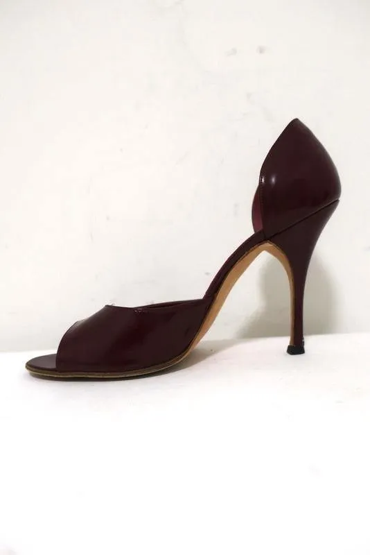Manolo Blahnik d'Orsay Open Toe Pumps Burgundy Patent Leather Size 38