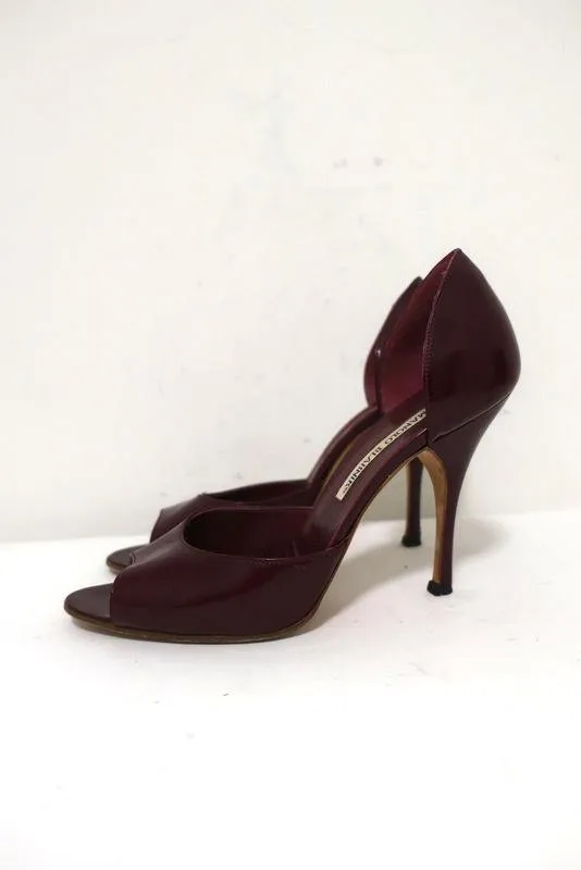 Manolo Blahnik d'Orsay Open Toe Pumps Burgundy Patent Leather Size 38