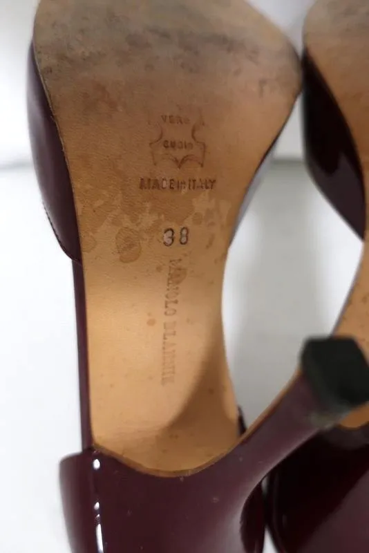 Manolo Blahnik d'Orsay Open Toe Pumps Burgundy Patent Leather Size 38