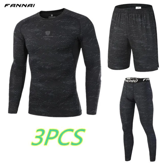 Mens Run jogging Sportswear Sports Set Long t shirt,leggings,shorts Gym outdoor workout Tights clothing 3pcs/Sets