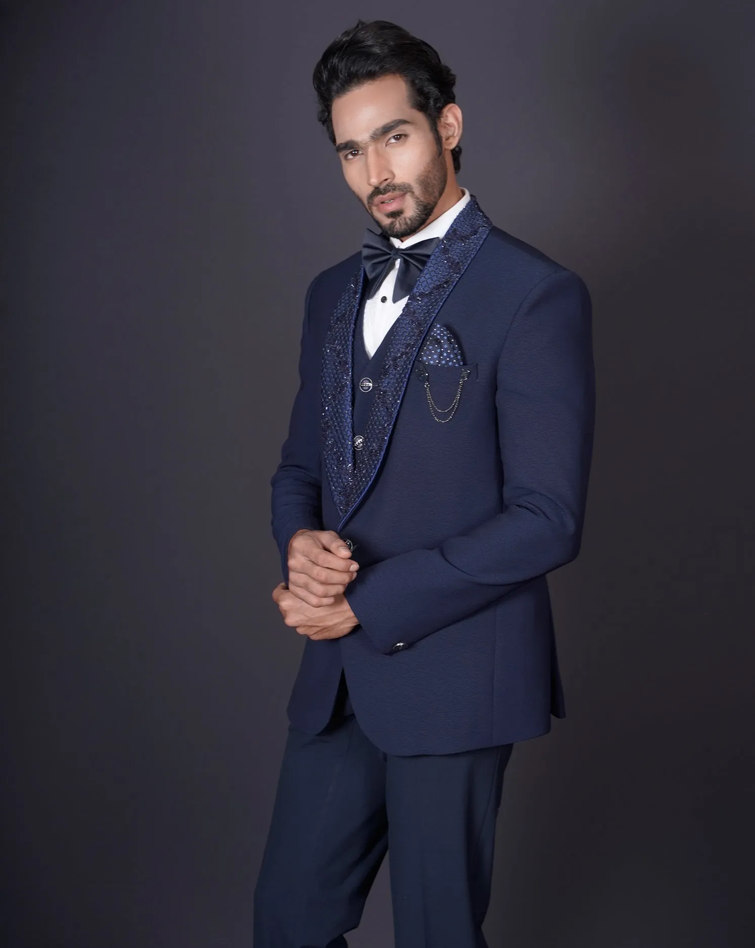 Navy Embroidered Tuxedo Set