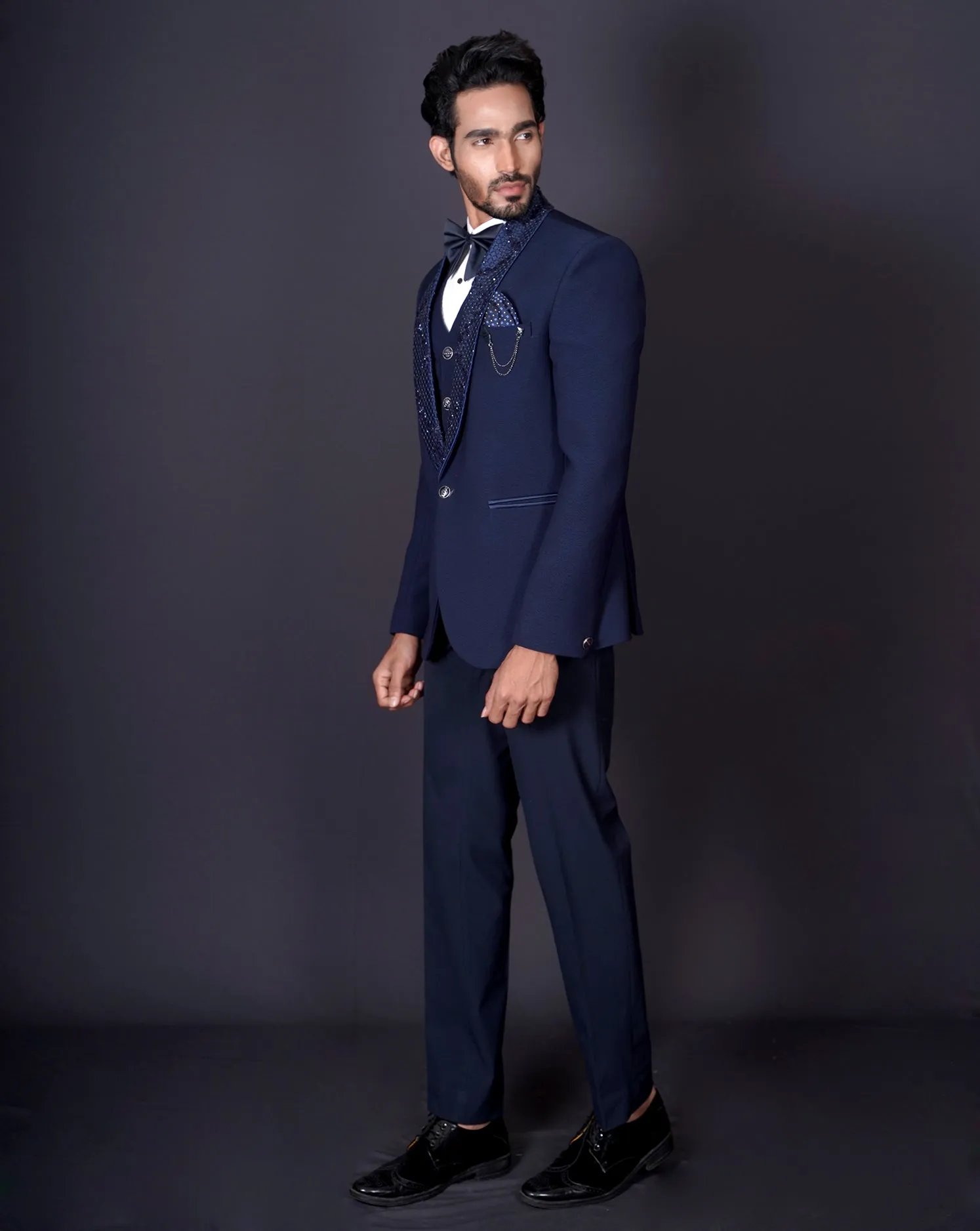 Navy Embroidered Tuxedo Set