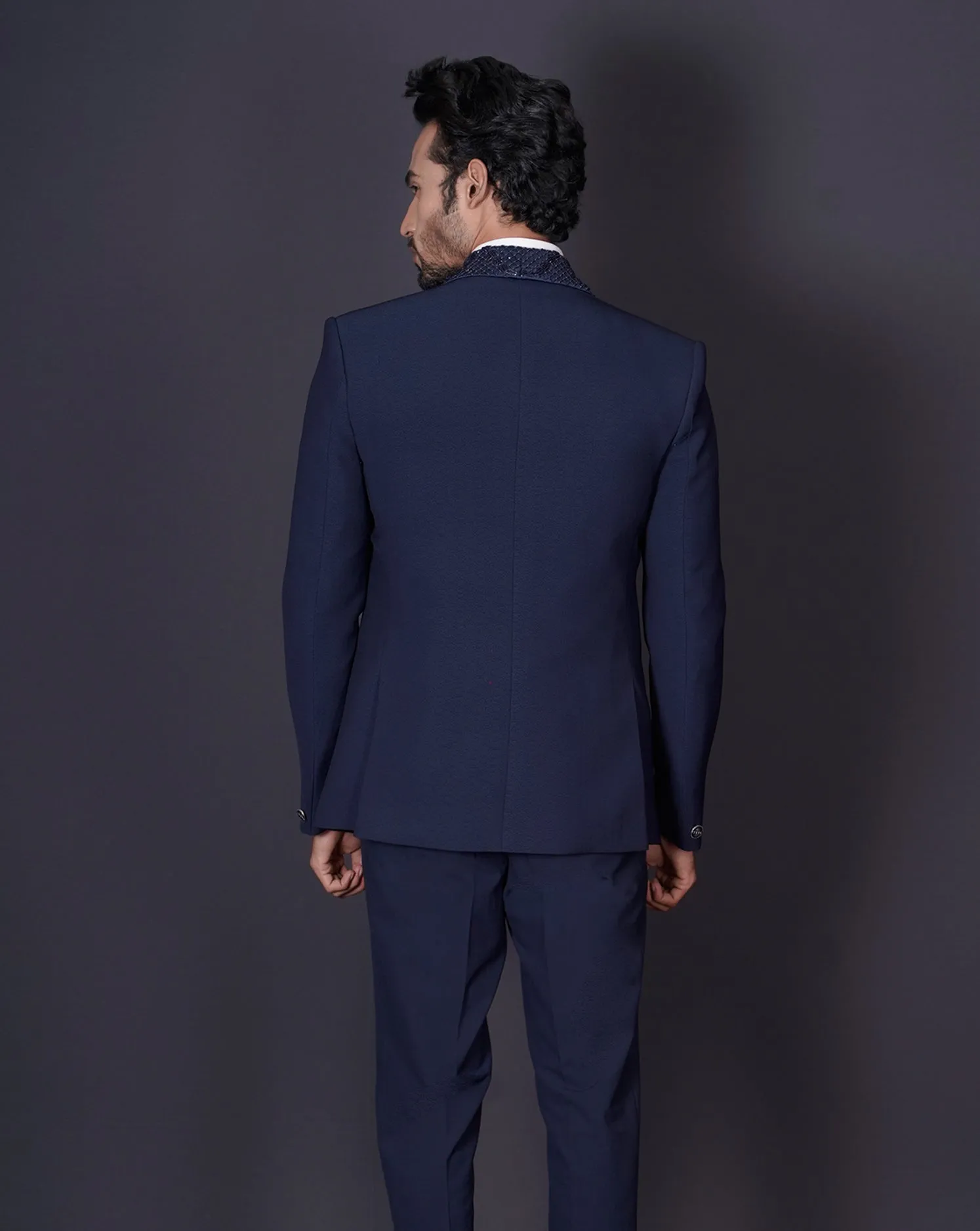 Navy Embroidered Tuxedo Set