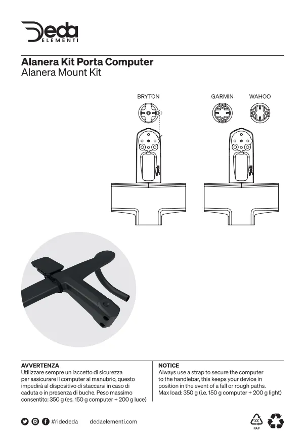 OFFICIAL DEDA ELEMENTI ALANERA COMPUTER MOUNT KIT FOR GARMIN (1000 SERIES), WAHOO, BRYTON, GOPRO