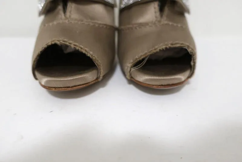 Pedro Garcia Crystal-Embellished Booties Beige Satin Size 38 Peep Toe Ankle Boot