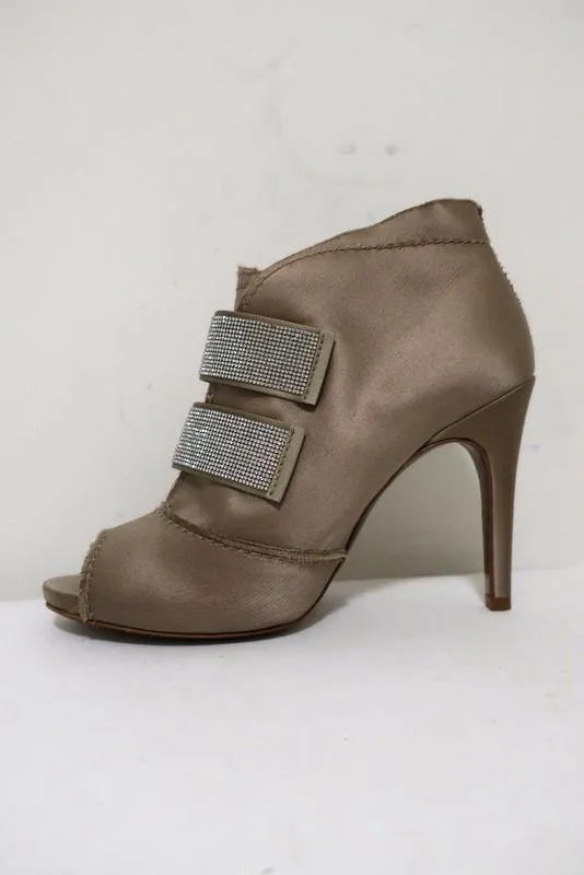 Pedro Garcia Crystal-Embellished Booties Beige Satin Size 38 Peep Toe Ankle Boot