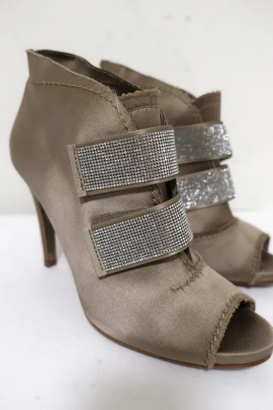 Pedro Garcia Crystal-Embellished Booties Beige Satin Size 38 Peep Toe Ankle Boot