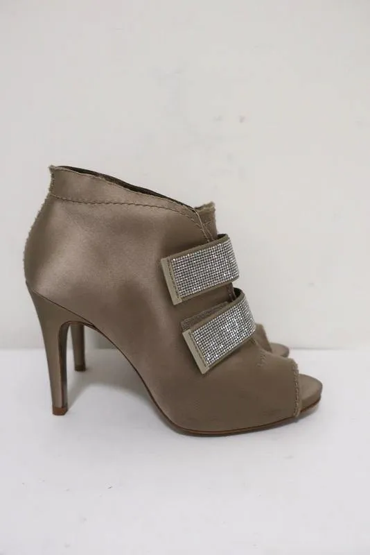 Pedro Garcia Crystal-Embellished Booties Beige Satin Size 38 Peep Toe Ankle Boot