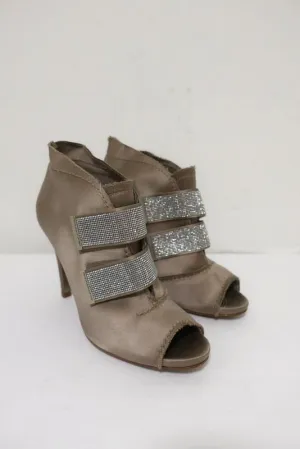 Pedro Garcia Crystal-Embellished Booties Beige Satin Size 38 Peep Toe Ankle Boot