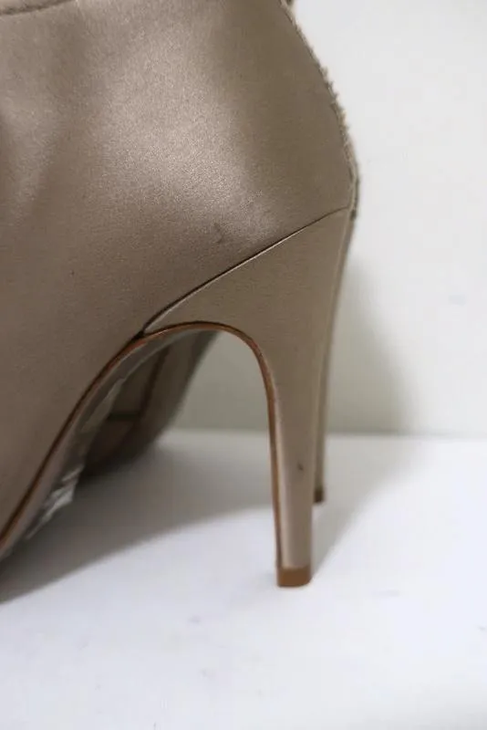 Pedro Garcia Crystal-Embellished Booties Beige Satin Size 38 Peep Toe Ankle Boot
