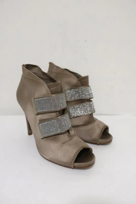 Pedro Garcia Crystal-Embellished Booties Beige Satin Size 38 Peep Toe Ankle Boot