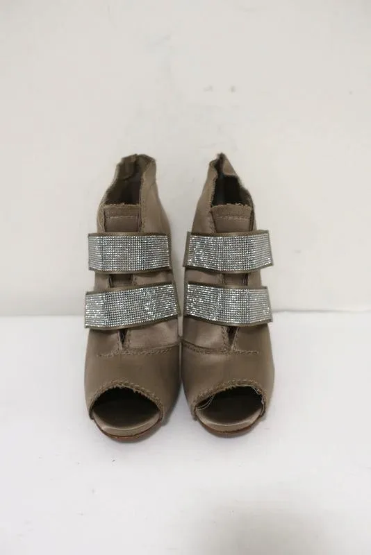 Pedro Garcia Crystal-Embellished Booties Beige Satin Size 38 Peep Toe Ankle Boot