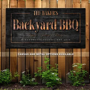 Personalized Backyard BBQ - Custom Name, Established Date, Location - Aluminum or Canvas Options - Perfect Bar Decor, Home Bar, Gift