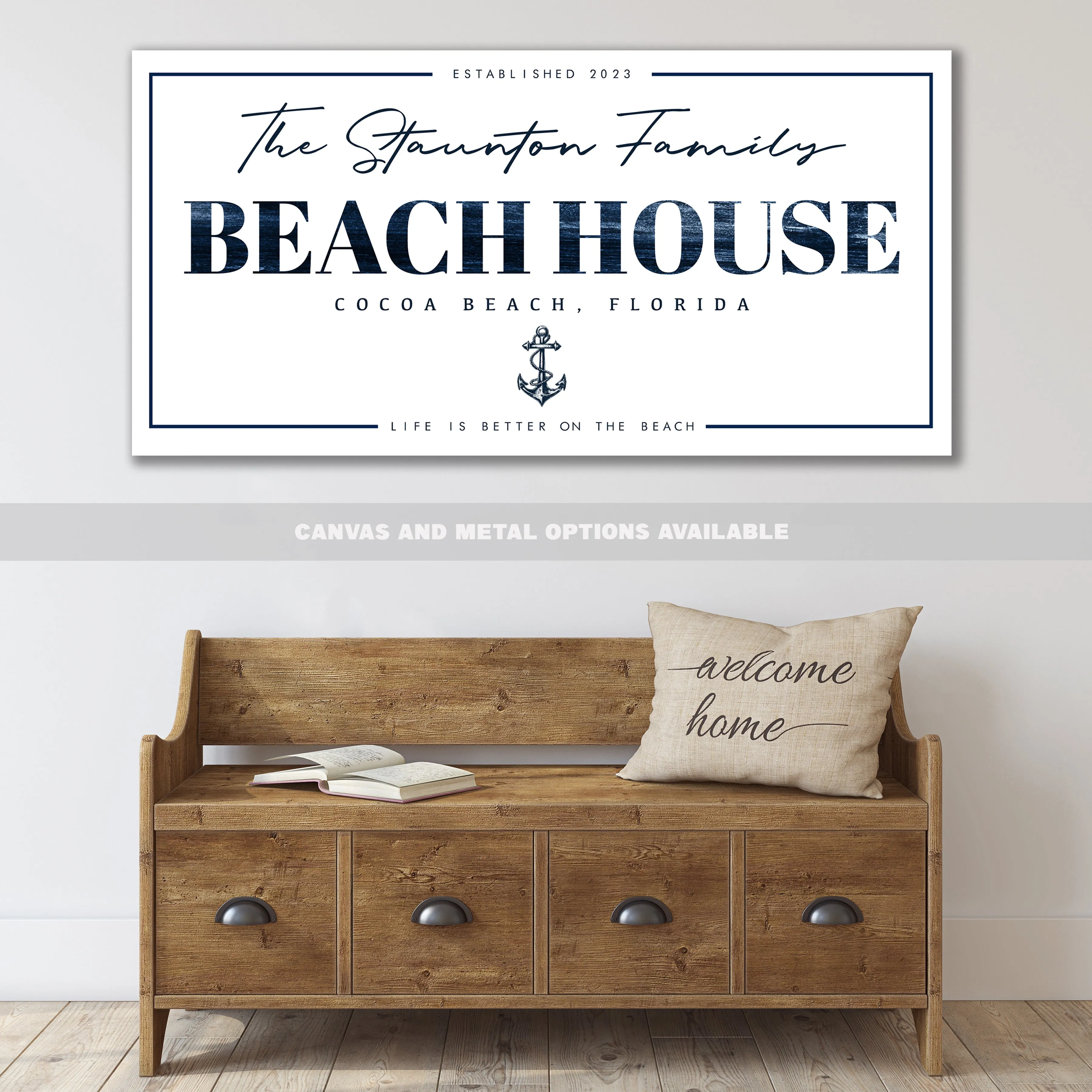 Personalized Beach House Sign #1 - Custom Family Name, Location & Date - Canvas or Metal Options