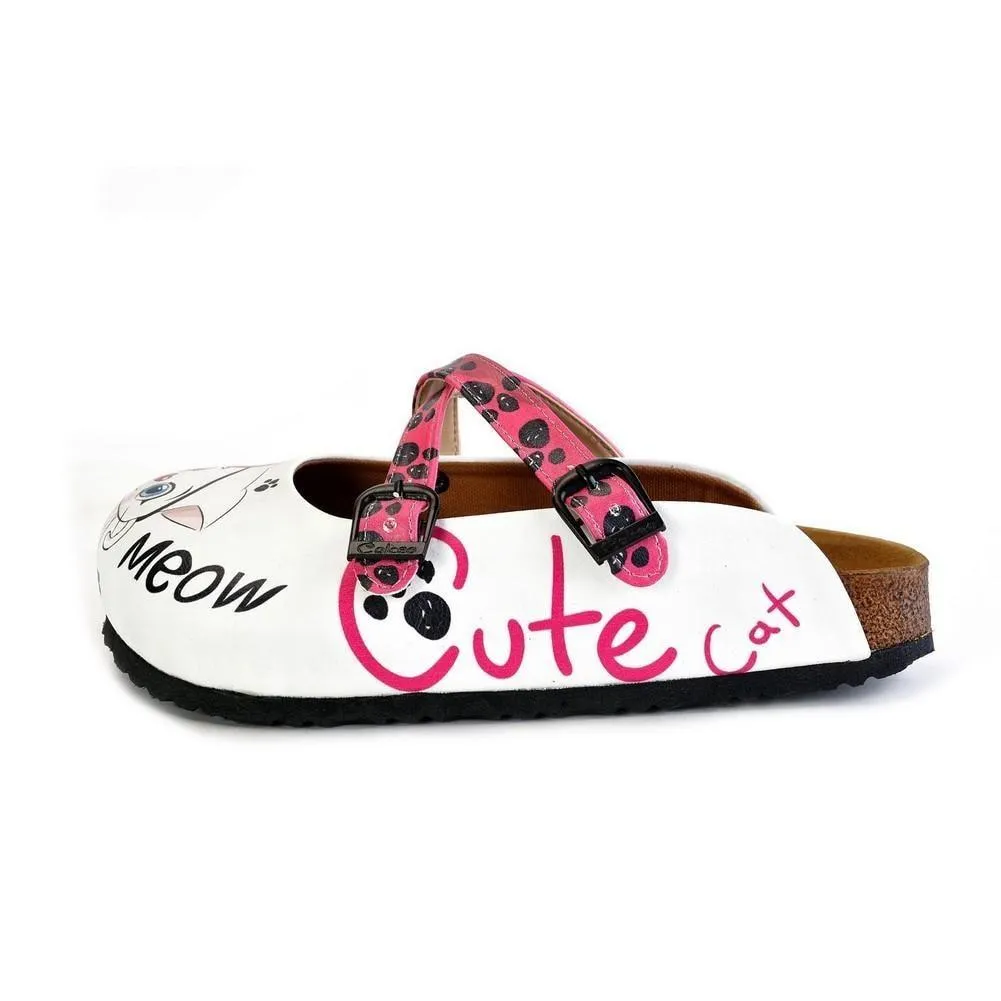 Pink and Black Paw Patterned, White and Pink Cute Cat Patterned Clogs - WCAL174