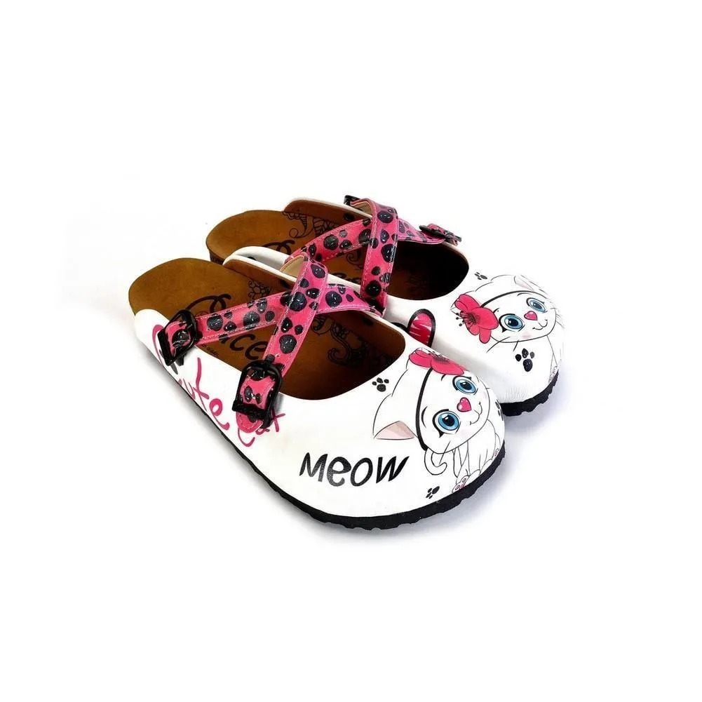 Pink and Black Paw Patterned, White and Pink Cute Cat Patterned Clogs - WCAL174