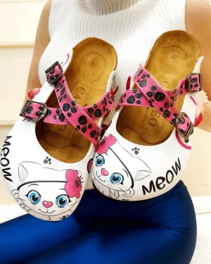 Pink and Black Paw Patterned, White and Pink Cute Cat Patterned Clogs - WCAL174