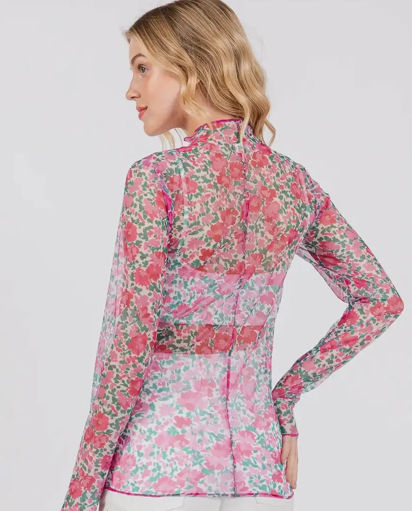 Pink Floral Mesh Top