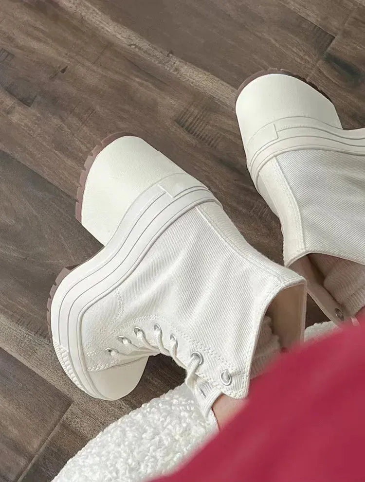 Platform Sneakers - Canvas Lace-Up Personalized Luxury Heels, Skateboard Style Casual Outdoor Fashion Shoes for Women