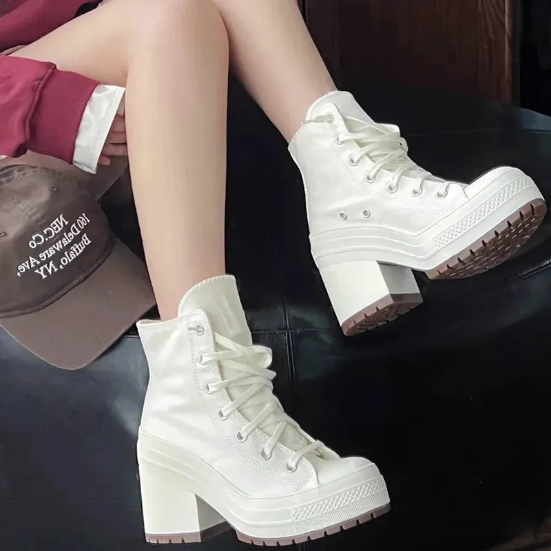 Platform Sneakers - Canvas Lace-Up Personalized Luxury Heels, Skateboard Style Casual Outdoor Fashion Shoes for Women
