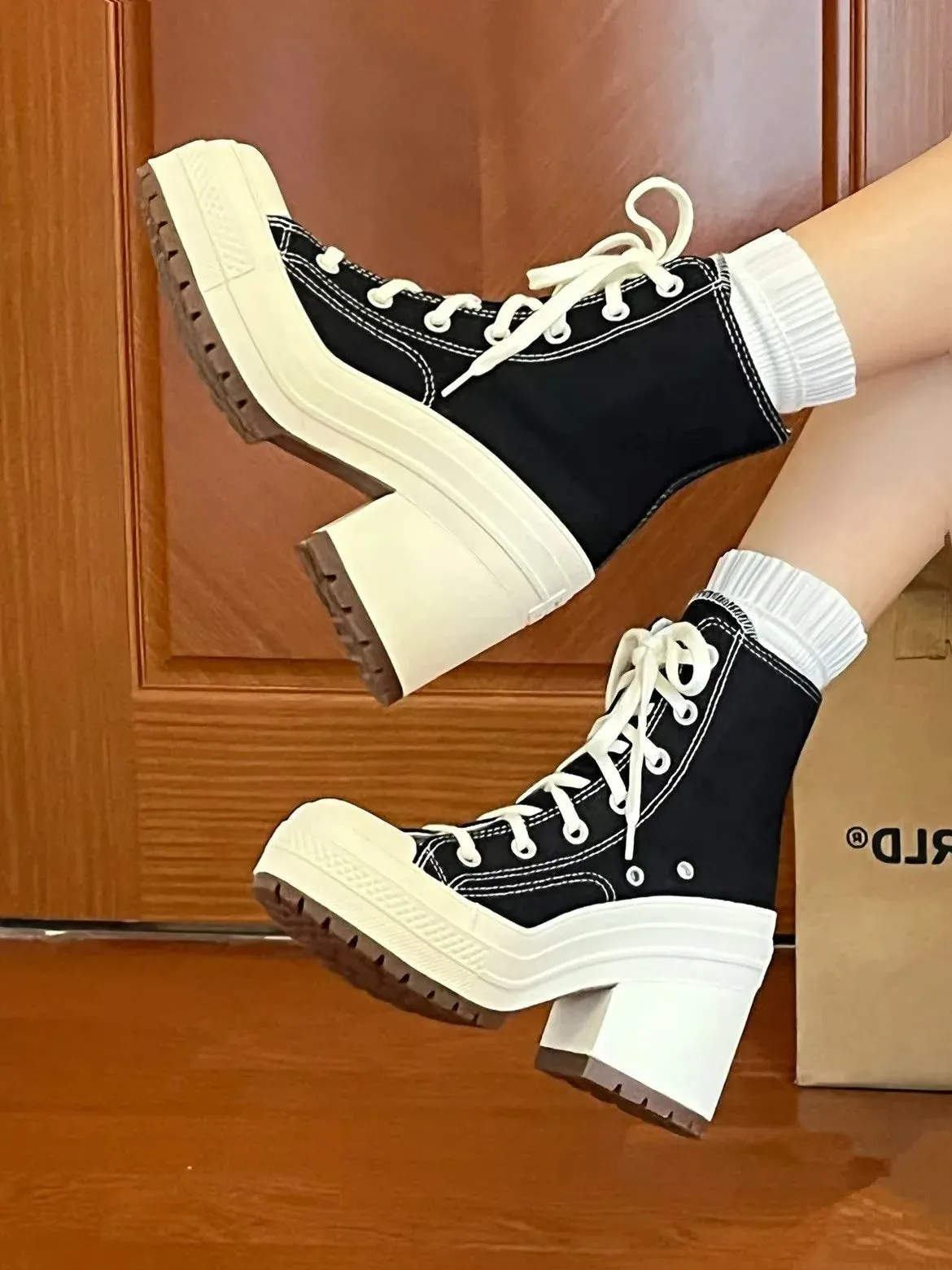 Platform Sneakers - Canvas Lace-Up Personalized Luxury Heels, Skateboard Style Casual Outdoor Fashion Shoes for Women