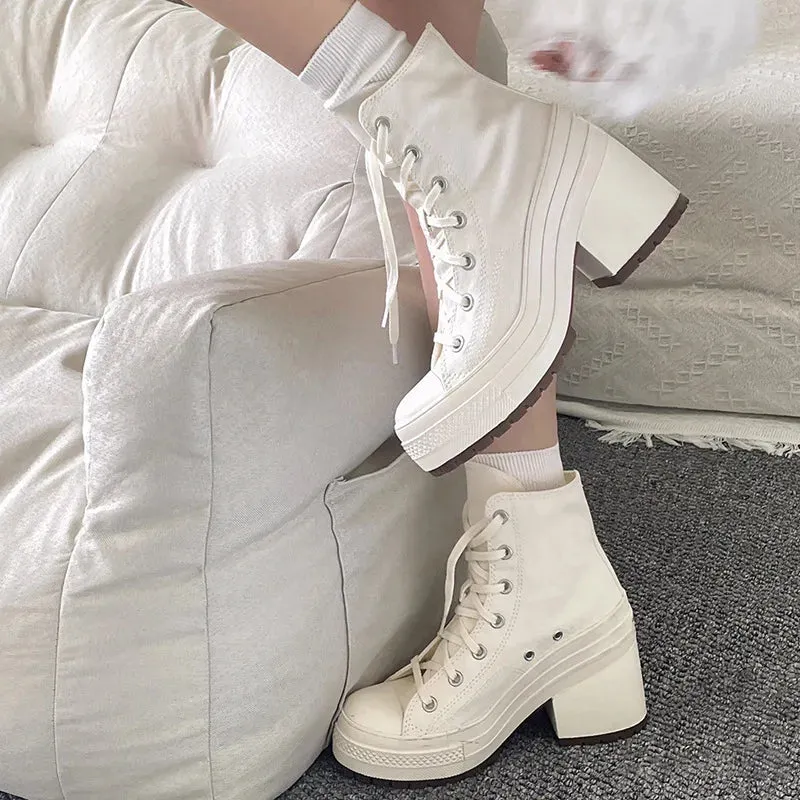 Platform Sneakers - Canvas Lace-Up Personalized Luxury Heels, Skateboard Style Casual Outdoor Fashion Shoes for Women
