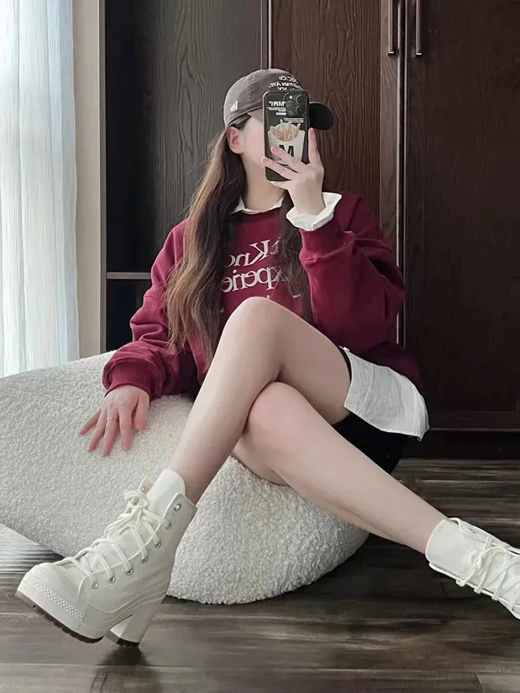 Platform Sneakers - Canvas Lace-Up Personalized Luxury Heels, Skateboard Style Casual Outdoor Fashion Shoes for Women