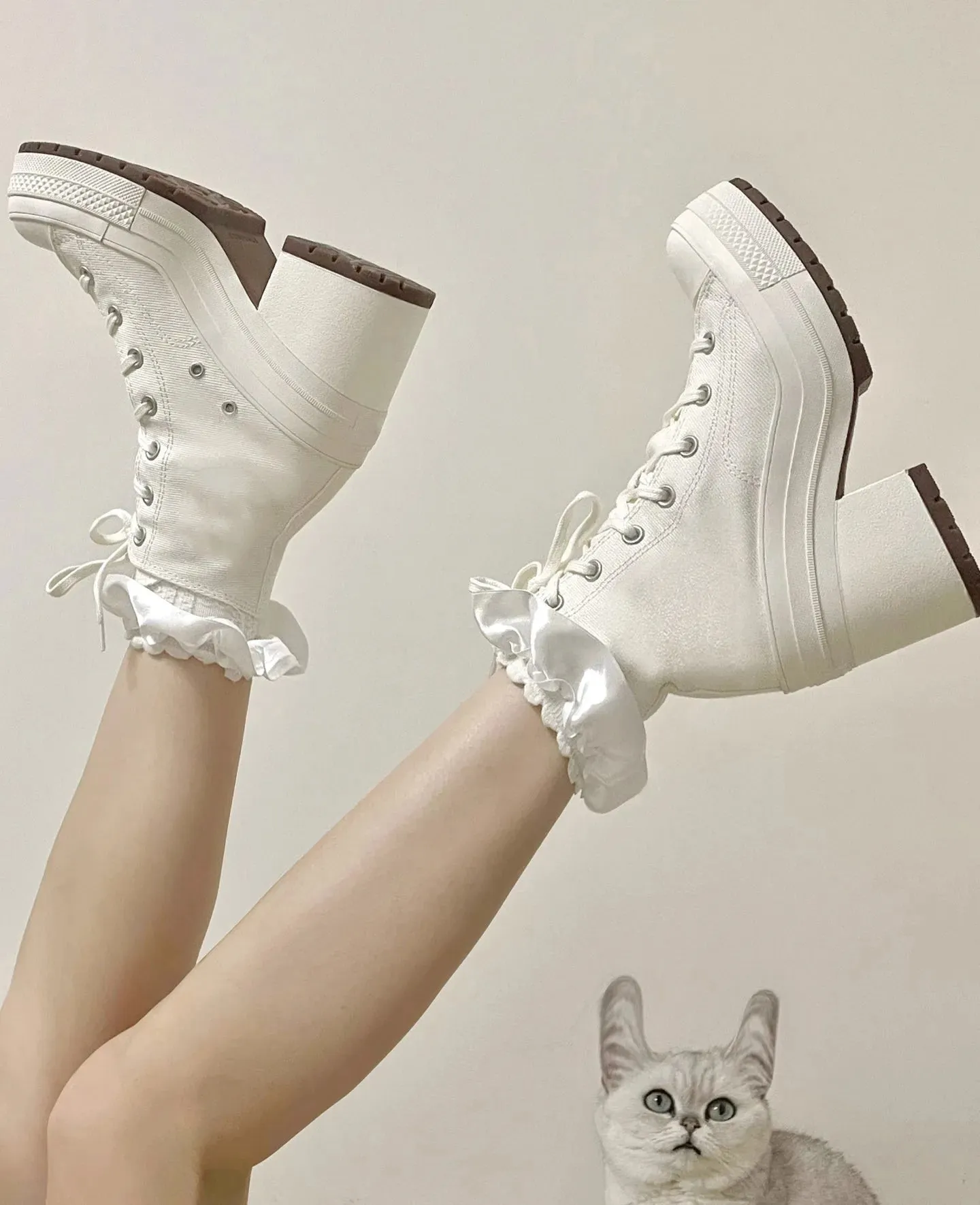 Platform Sneakers - Canvas Lace-Up Personalized Luxury Heels, Skateboard Style Casual Outdoor Fashion Shoes for Women