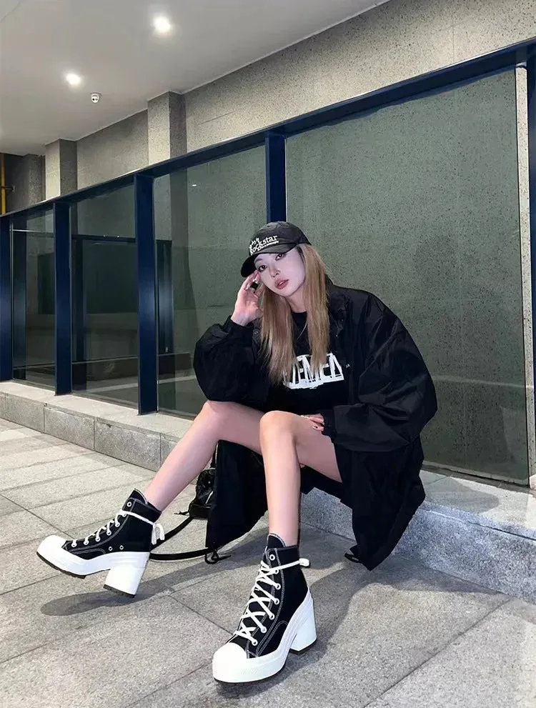 Platform Sneakers - Canvas Lace-Up Personalized Luxury Heels, Skateboard Style Casual Outdoor Fashion Shoes for Women