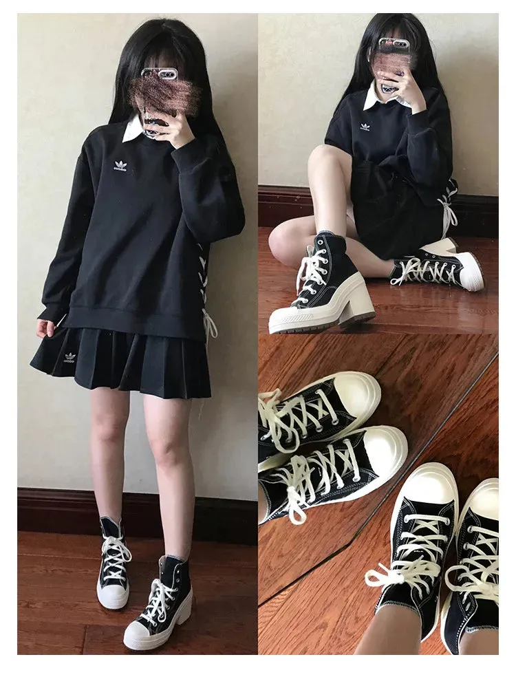 Platform Sneakers - Canvas Lace-Up Personalized Luxury Heels, Skateboard Style Casual Outdoor Fashion Shoes for Women