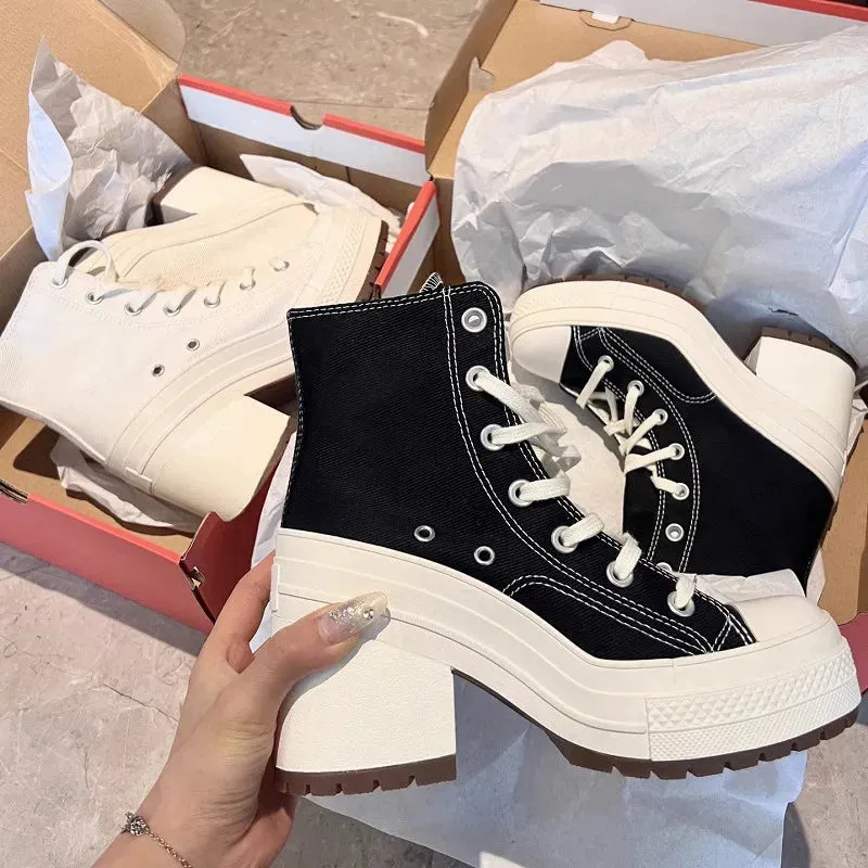 Platform Sneakers - Canvas Lace-Up Personalized Luxury Heels, Skateboard Style Casual Outdoor Fashion Shoes for Women