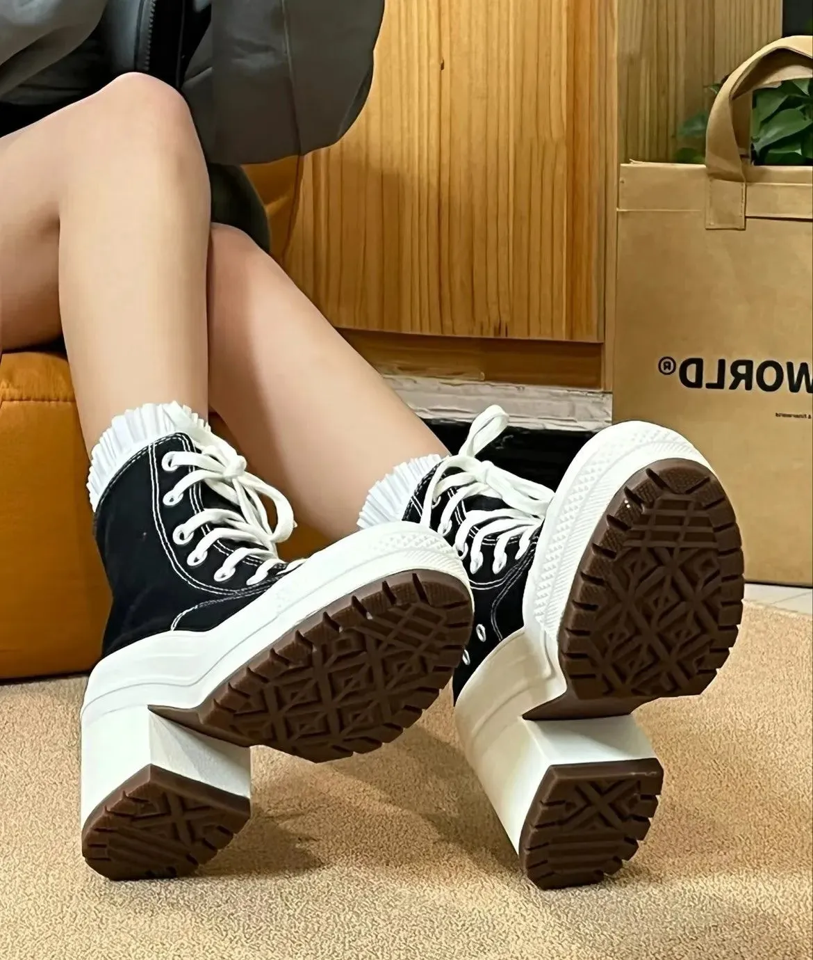Platform Sneakers - Canvas Lace-Up Personalized Luxury Heels, Skateboard Style Casual Outdoor Fashion Shoes for Women