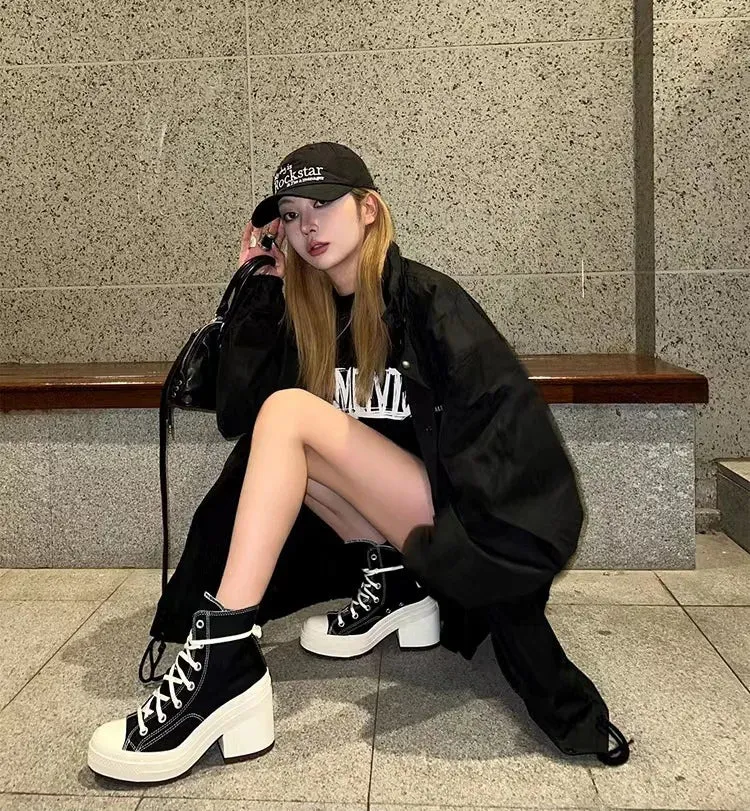 Platform Sneakers - Canvas Lace-Up Personalized Luxury Heels, Skateboard Style Casual Outdoor Fashion Shoes for Women