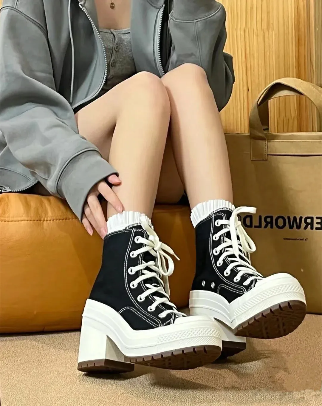 Platform Sneakers - Canvas Lace-Up Personalized Luxury Heels, Skateboard Style Casual Outdoor Fashion Shoes for Women