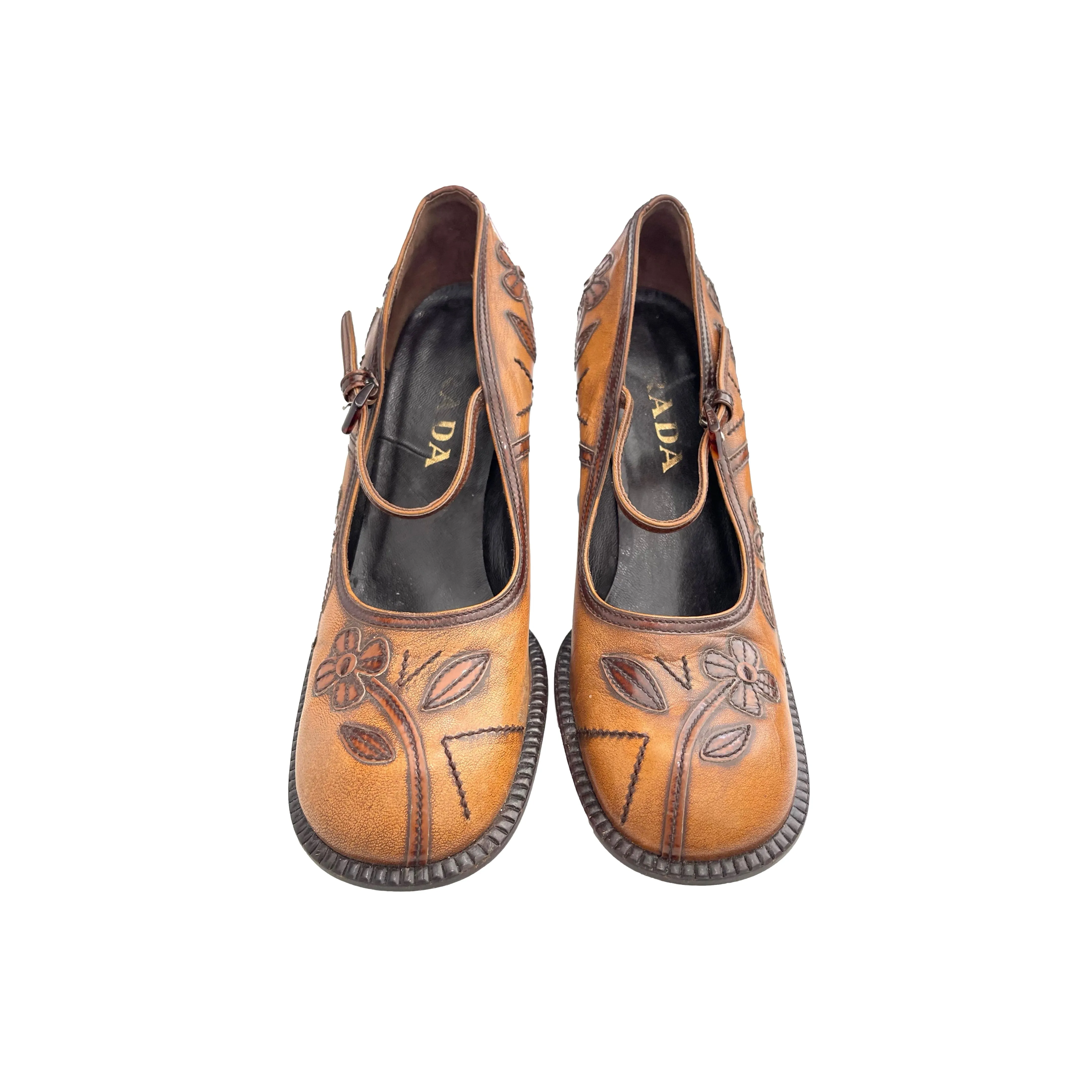 Prada Brown Leather Floral Mary Jane Heel
