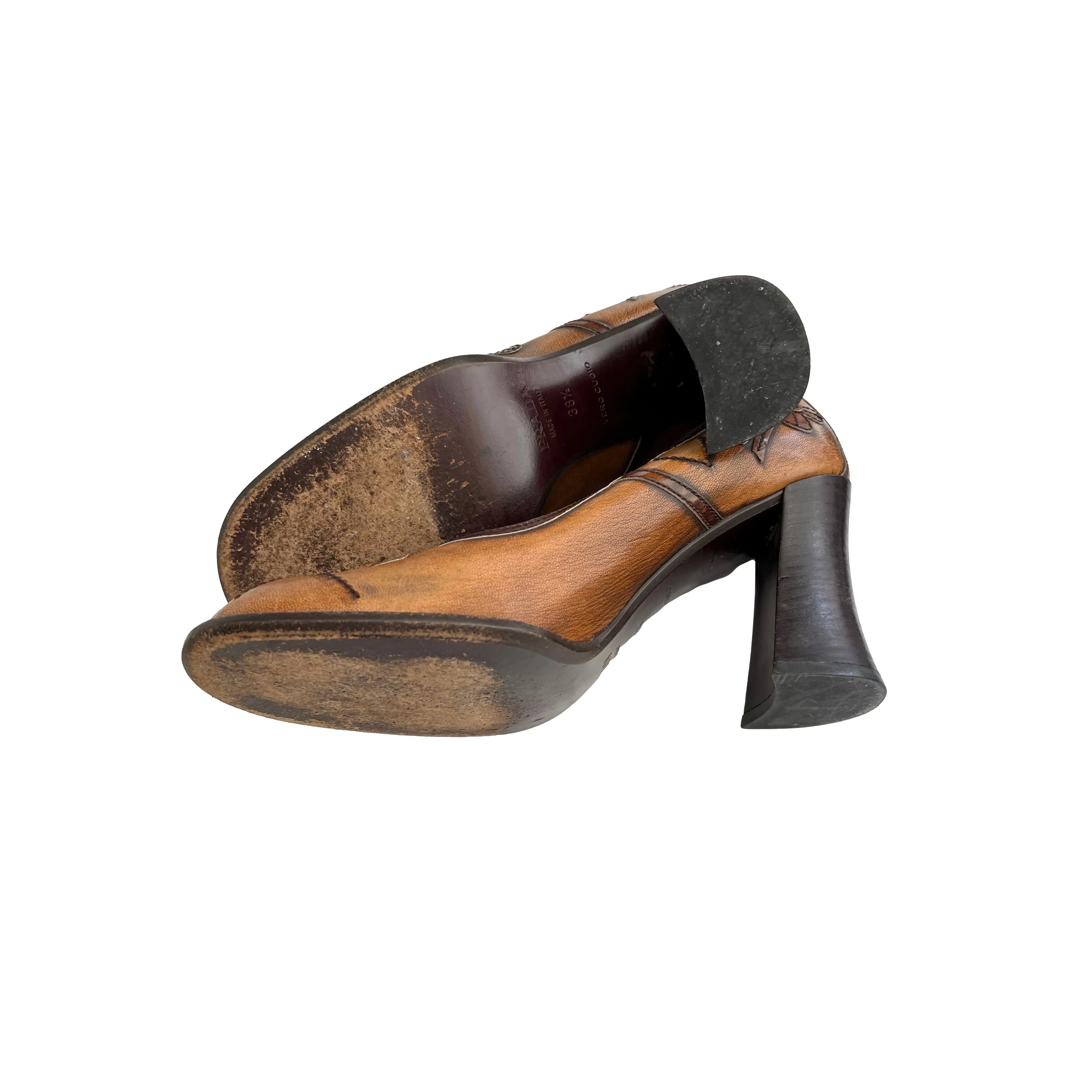 Prada Brown Leather Floral Mary Jane Heel