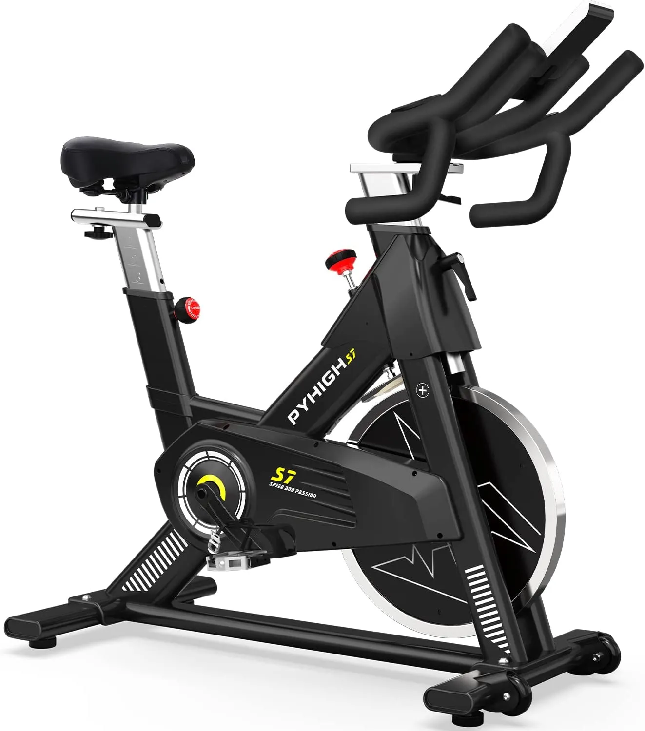 PYHIGH Stationary Exercise Bike for Home Indoor Cycling Bikes Excersize Bike Comfortable Seat Cushion Belt Drive Ipad Holder with LCD Monitor Cardio Workout Fitness Machine