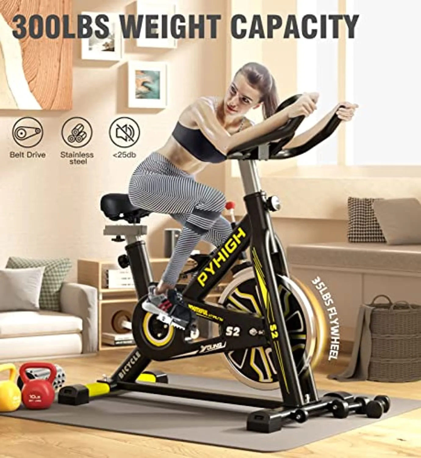 PYHIGH Stationary Exercise Bike for Home Indoor Cycling Bikes Excersize Bike Comfortable Seat Cushion Belt Drive Ipad Holder with LCD Monitor Cardio Workout Fitness Machine